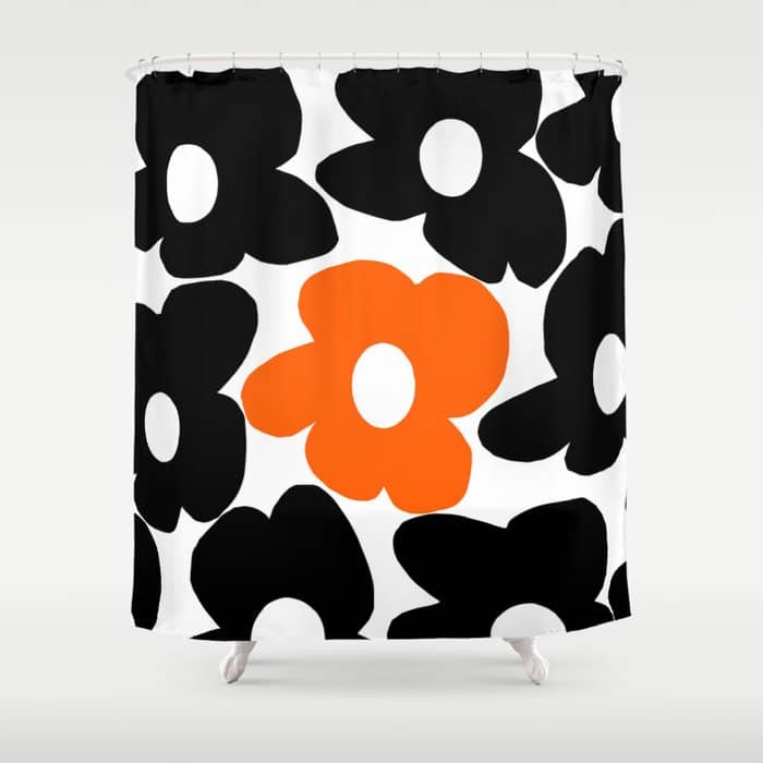 Large Orange And Black Retro Flowers White Background #Decor #Homestorie #Buyart Shower Curtain