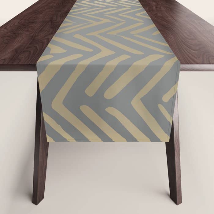 Herringbone, Boho, Mudcloth Pattern, Grey And Gold Table Runner