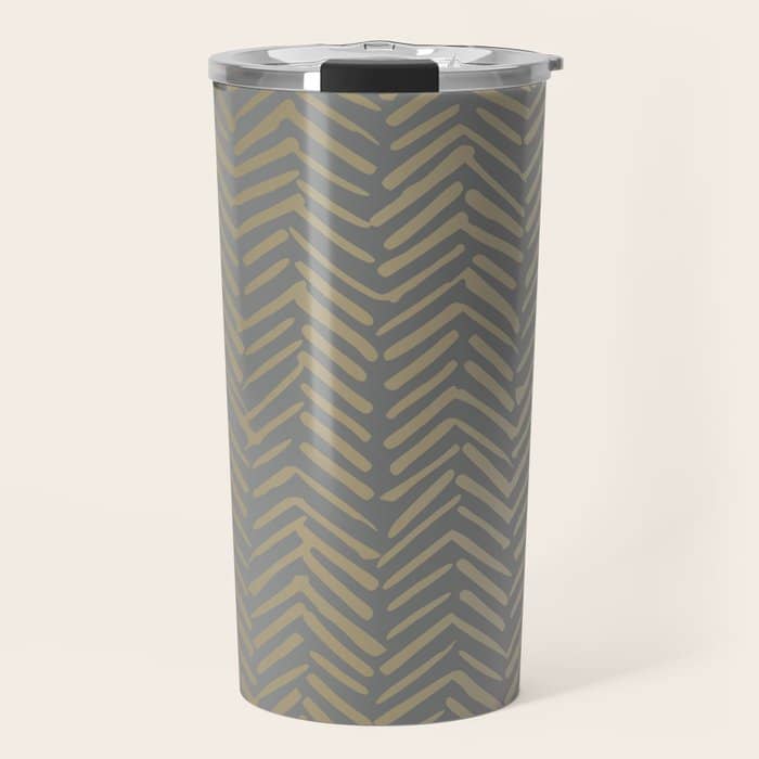 Herringbone, Boho, Mudcloth Pattern, Grey And Gold Travel Mug