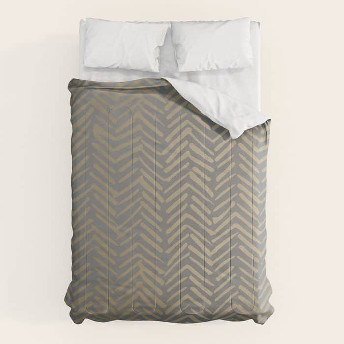 Herringbone, Boho, Mudcloth Pattern, Grey And Gold Comforter