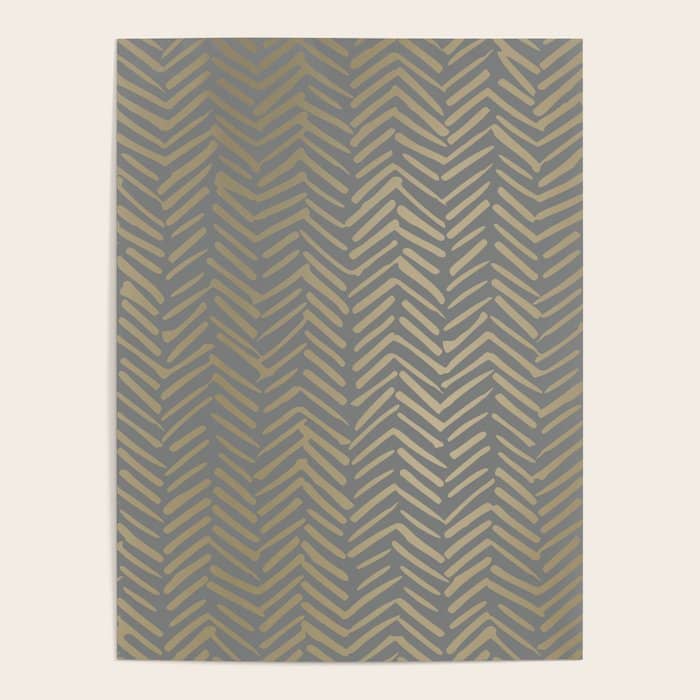 Herringbone, Boho, Mudcloth Pattern, Grey And Gold Poster