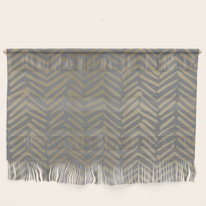 Herringbone, Boho, Mudcloth Pattern, Grey And Gold Wall Hanging