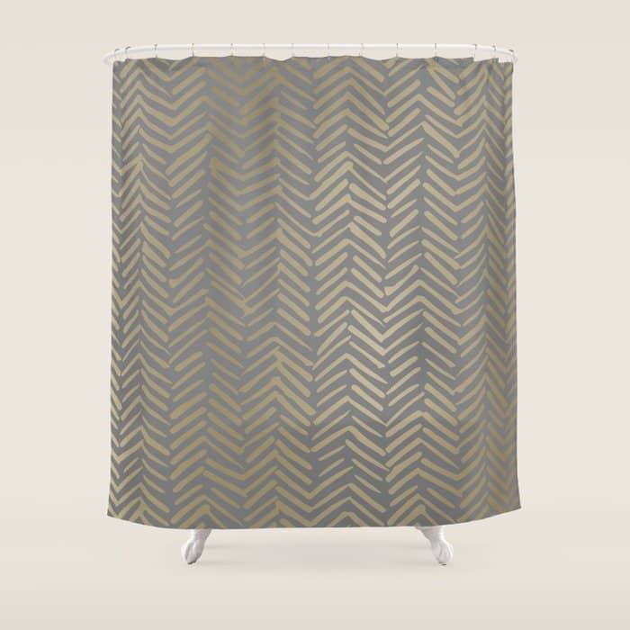 Herringbone, Boho, Mudcloth Pattern, Grey And Gold Shower Curtain