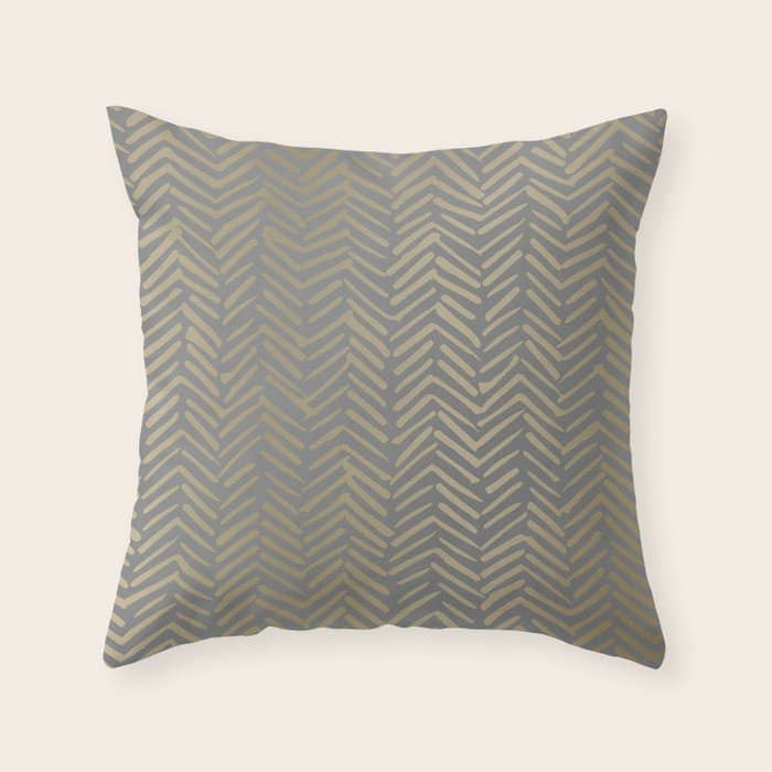 Herringbone, Boho, Mudcloth Pattern, Grey And Gold Throw Pillow