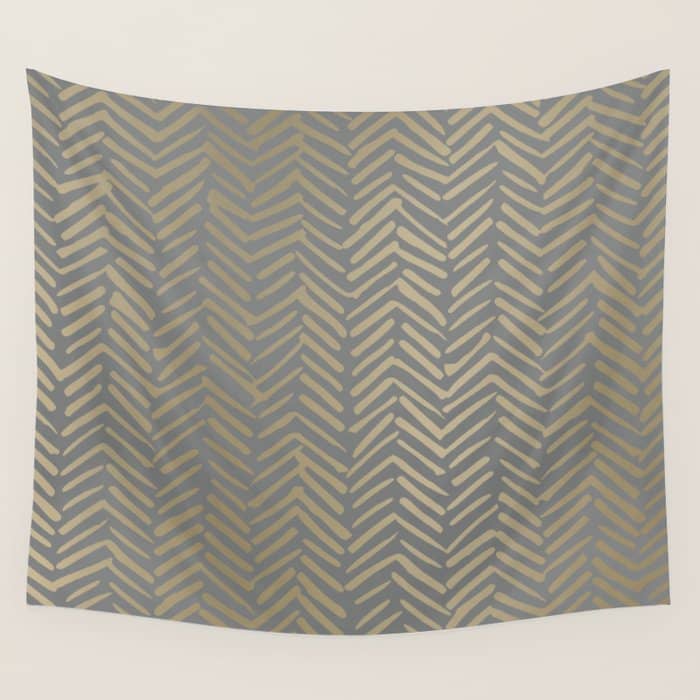 Herringbone, Boho, Mudcloth Pattern, Grey And Gold Wall Tapestry