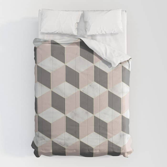 Geometric Art, Marble, Blush Pink, Gray, Abstract Art Comforter
