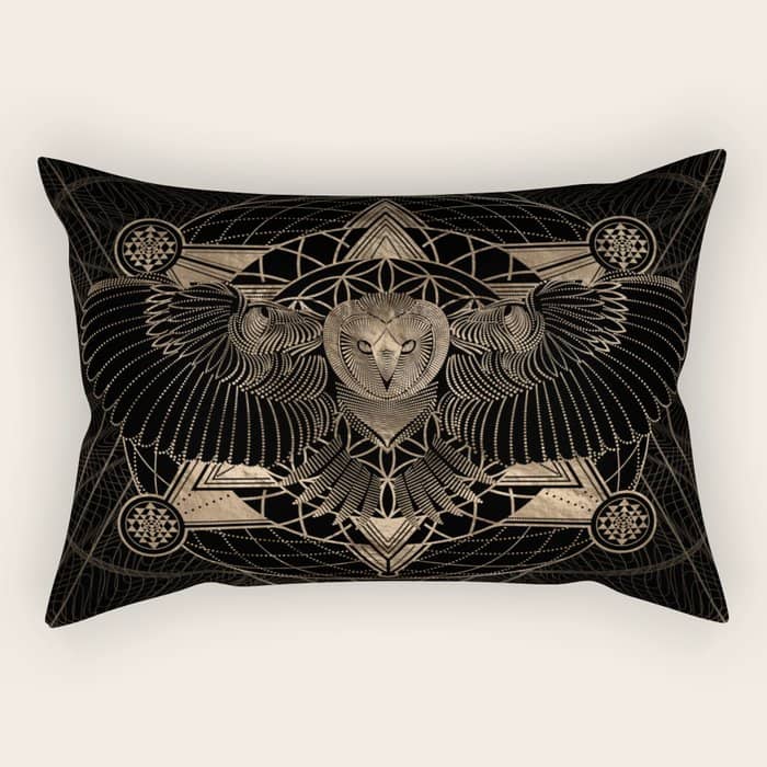 Owl In Sacred Geometry Composition - Black And Gold Rectangular Pillow