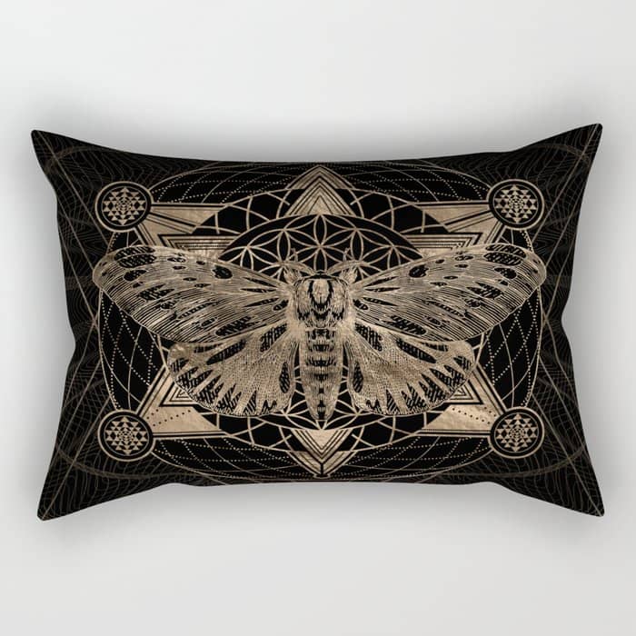 Regal Moth In Sacred Geometry - Black And Gold Rectangular Pillow