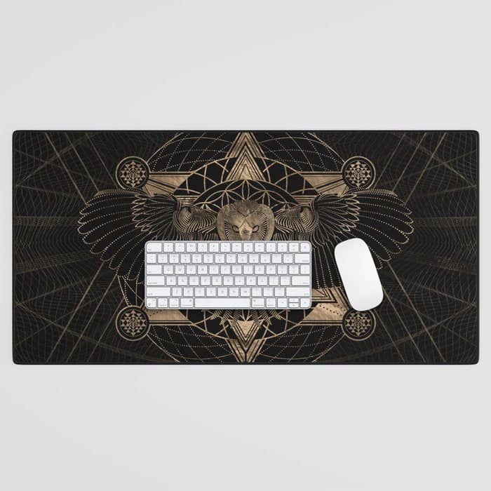 Owl In Sacred Geometry Composition - Black And Gold Desk Mat