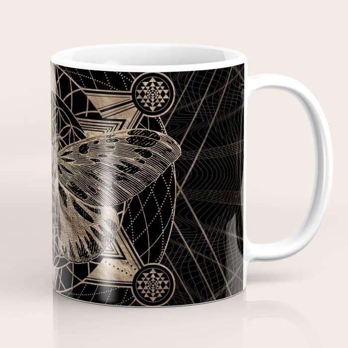 Regal Moth In Sacred Geometry - Black And Gold Coffee Mug
