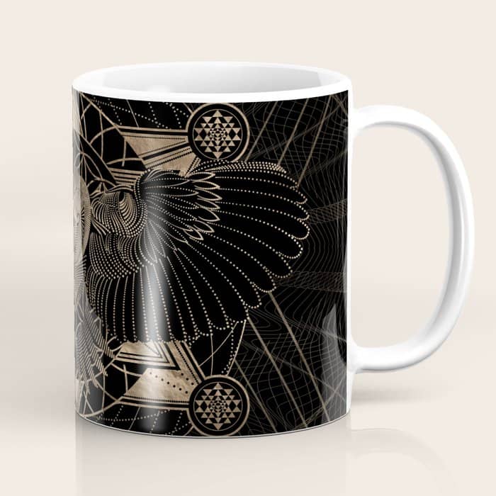Owl In Sacred Geometry Composition - Black And Gold Coffee Mug