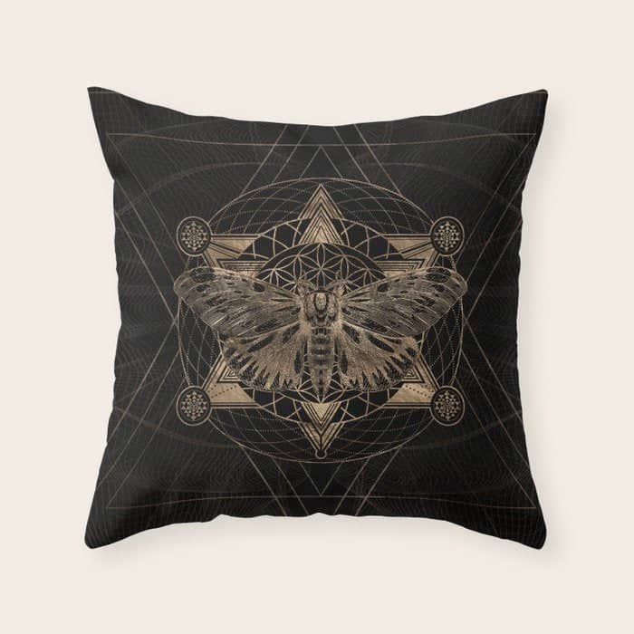 Regal Moth In Sacred Geometry - Black And Gold Throw Pillow