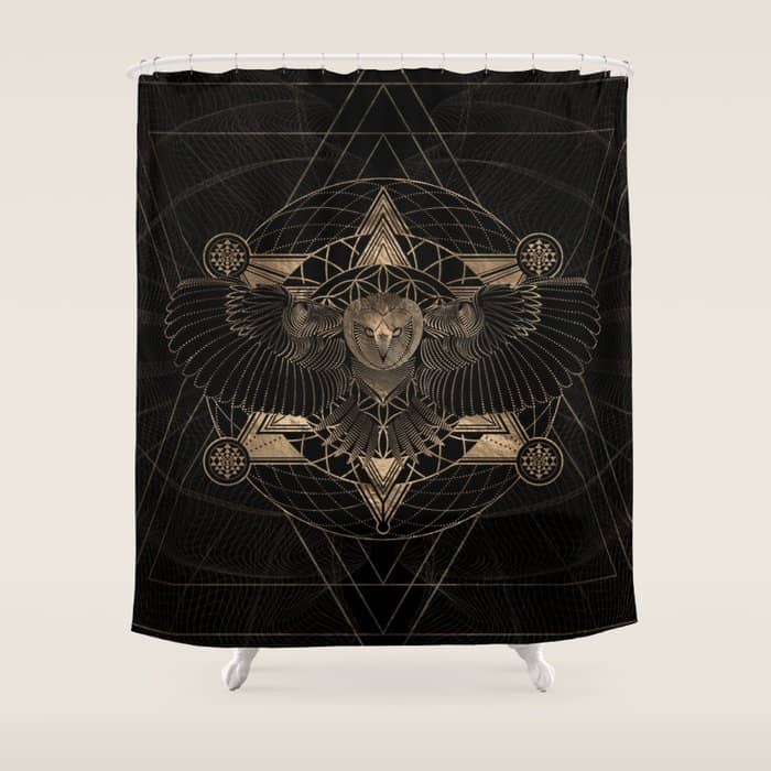 Owl In Sacred Geometry Composition - Black And Gold Shower Curtain
