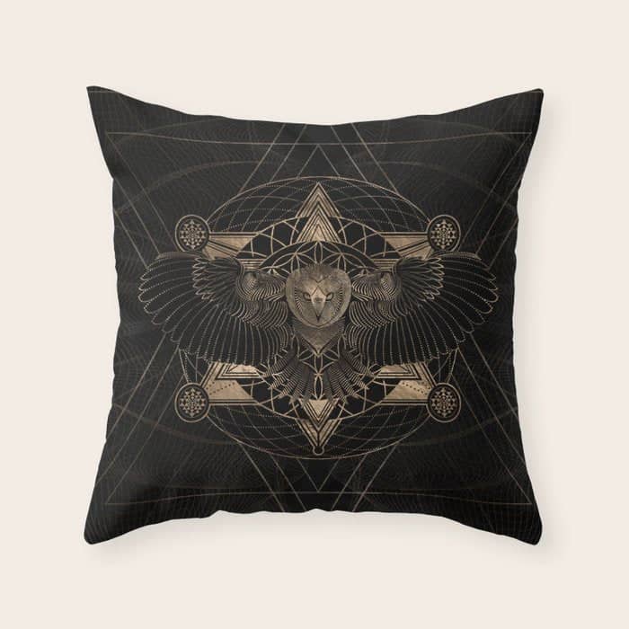Owl In Sacred Geometry Composition - Black And Gold Throw Pillow