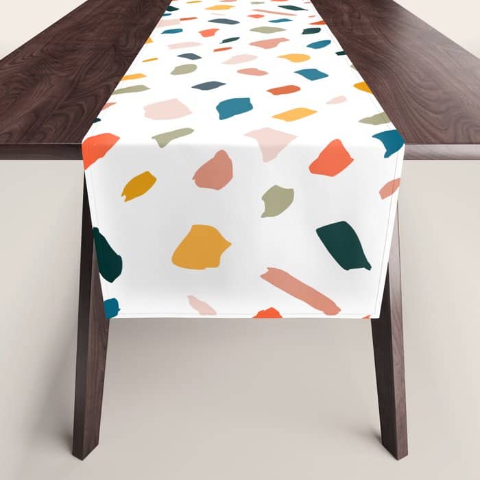 Terrazzo, Abstract Quirky Shapes Bohemian Modern Pattern Confetti Celebration Random Colorful Shapes Table Runner