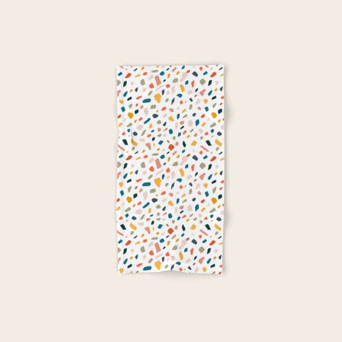 Terrazzo, Abstract Quirky Shapes Bohemian Modern Pattern Confetti Celebration Random Colorful Shapes Bath Towel