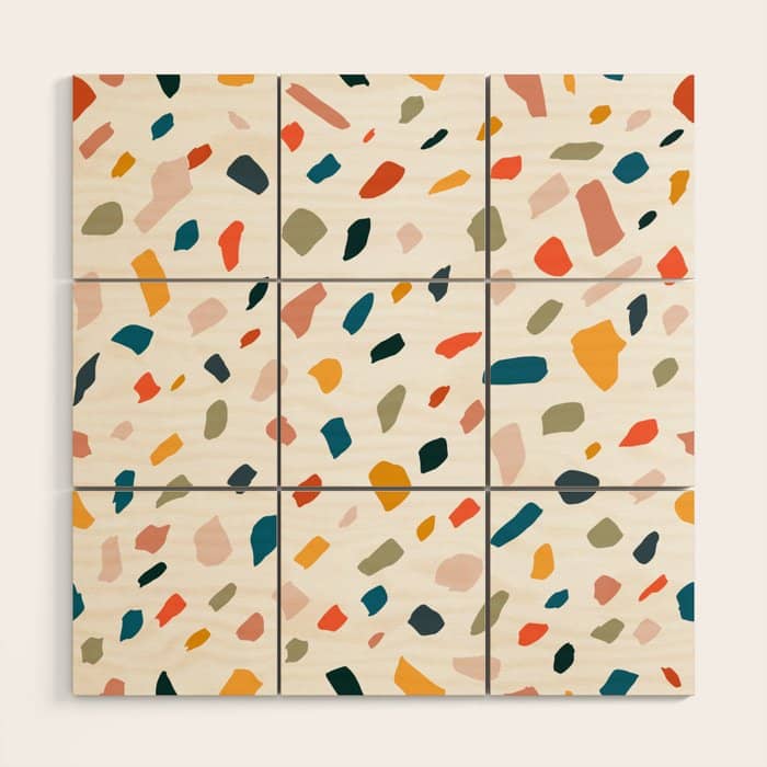 Terrazzo, Abstract Quirky Shapes Bohemian Modern Pattern Confetti Celebration Random Colorful Shapes Wood Wall Art