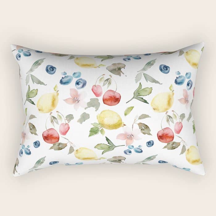 Lemon Berries And Cherries Watercolor Pattern Rectangular Pillow