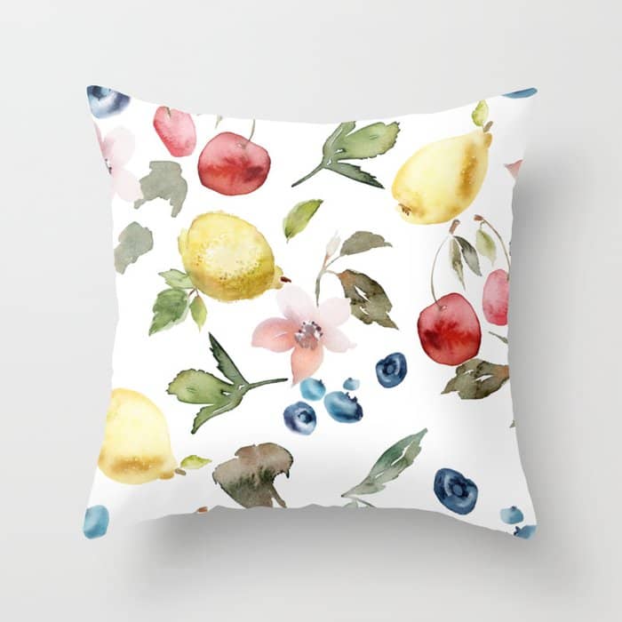 Lemon Berries And Cherries Watercolor Pattern Throw Pillow