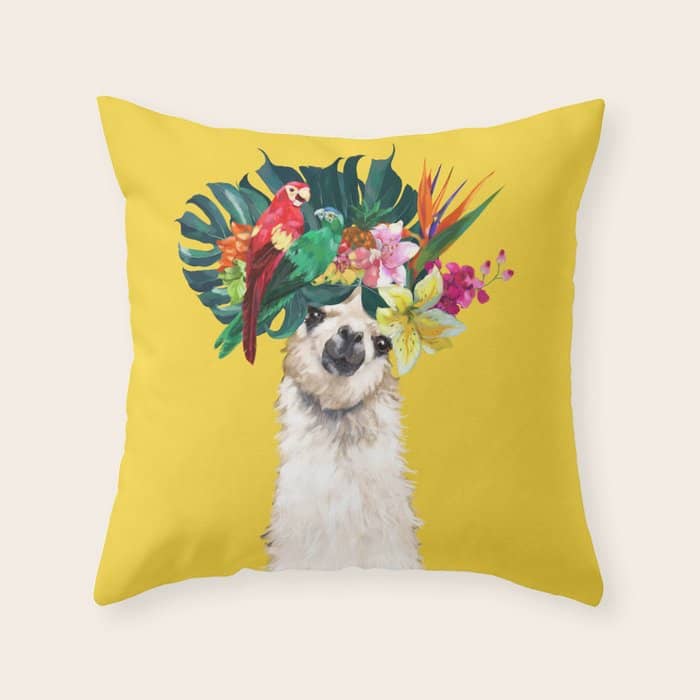 Aloha Hawaiian Llama In Yellow Throw Pillow