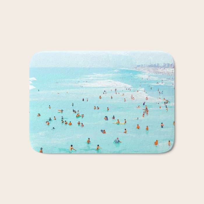 Hot Summer Day | Beachy Watercolor Painting | Ocean Sea Surf Swim | Vacation Travel Staycation Waves Bath Mat