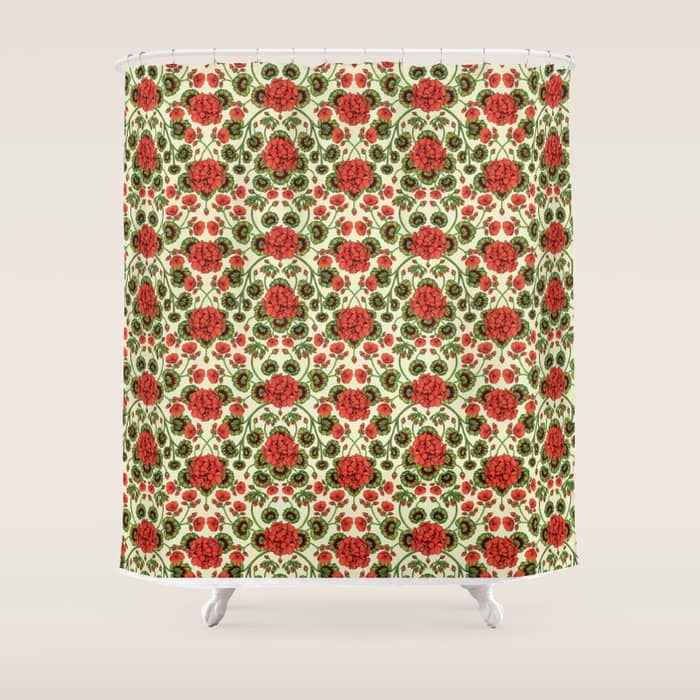Red Geraniums -  Vintage-Inspired Floral Pattern For Spring Shower Curtain
