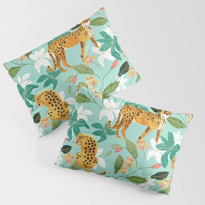 Cheetah Jungle, Wildlife Nature Wild Cats Tigers Leopard Botanical Animals Mint Quirky Illustration Pillow Sham