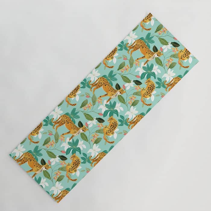Cheetah Jungle, Wildlife Nature Wild Cats Tigers Leopard Botanical Animals Mint Quirky Illustration Yoga Mat