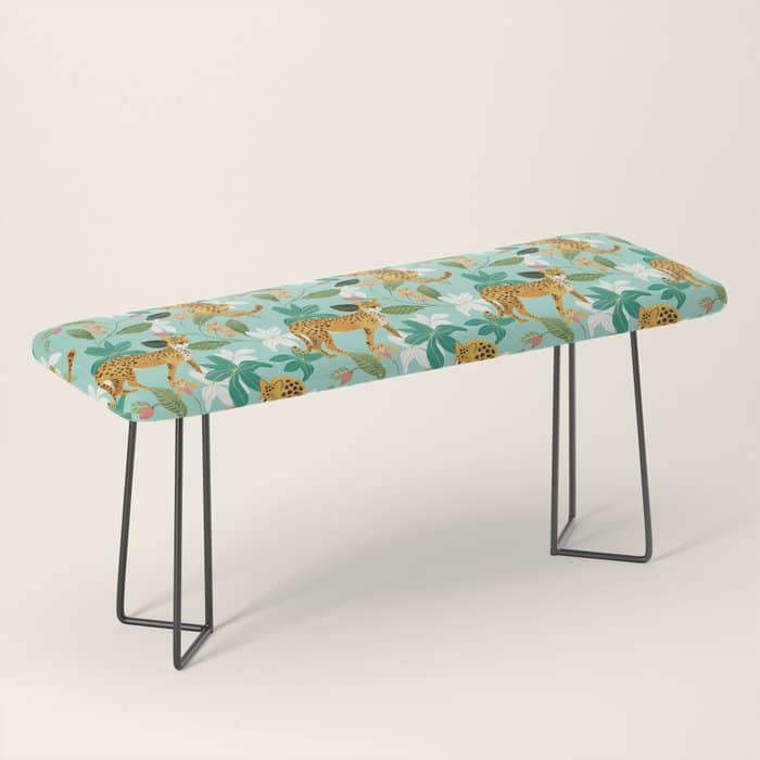 Cheetah Jungle, Wildlife Nature Wild Cats Tigers Leopard Botanical Animals Mint Quirky Illustration Bench