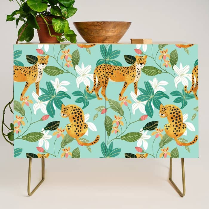 Cheetah Jungle, Wildlife Nature Wild Cats Tigers Leopard Botanical Animals Mint Quirky Illustration Credenza