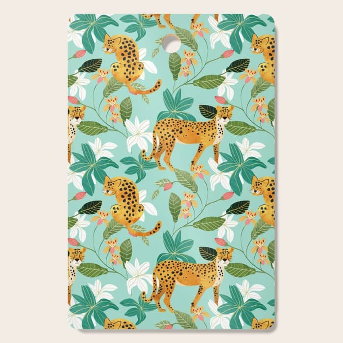 Cheetah Jungle, Wildlife Nature Wild Cats Tigers Leopard Botanical Animals Mint Quirky Illustration Cutting Board