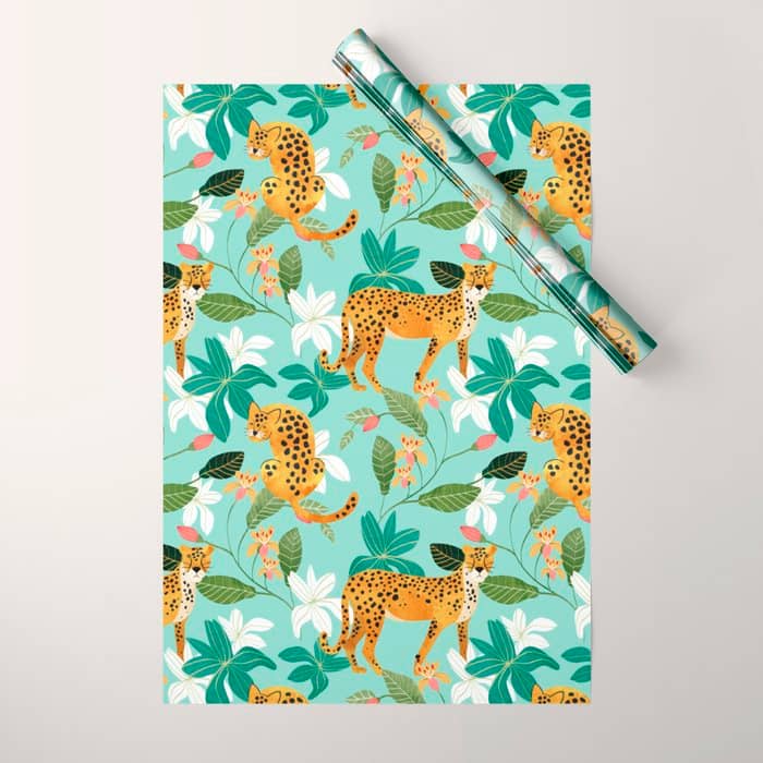 Cheetah Jungle, Wildlife Nature Wild Cats Tigers Leopard Botanical Animals Mint Quirky Illustration Wrapping Paper