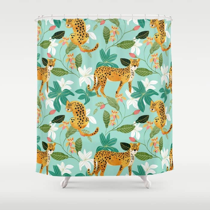 Cheetah Jungle, Wildlife Nature Wild Cats Tigers Leopard Botanical Animals Mint Quirky Illustration Shower Curtain
