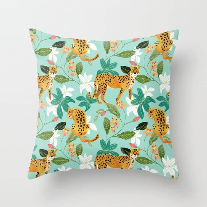 Cheetah Jungle, Wildlife Nature Wild Cats Tigers Leopard Botanical Animals Mint Quirky Illustration Throw Pillow