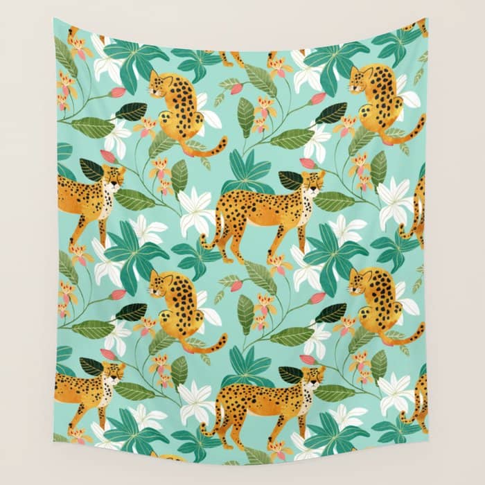 Cheetah Jungle, Wildlife Nature Wild Cats Tigers Leopard Botanical Animals Mint Quirky Illustration Wall Tapestry