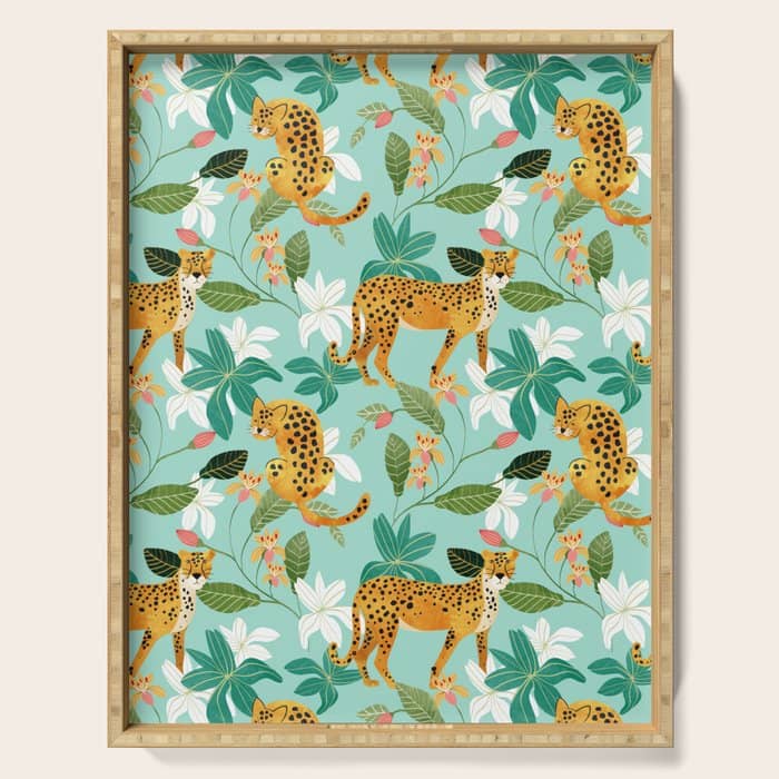 Cheetah Jungle, Wildlife Nature Wild Cats Tigers Leopard Botanical Animals Mint Quirky Illustration Serving Tray