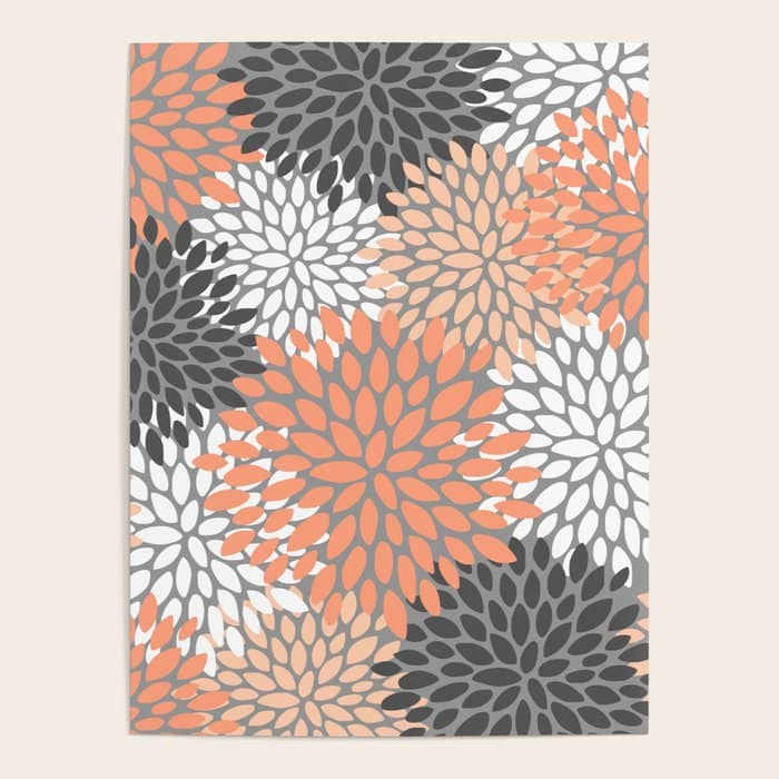 Floral Pattern, Coral, Gray, White Poster