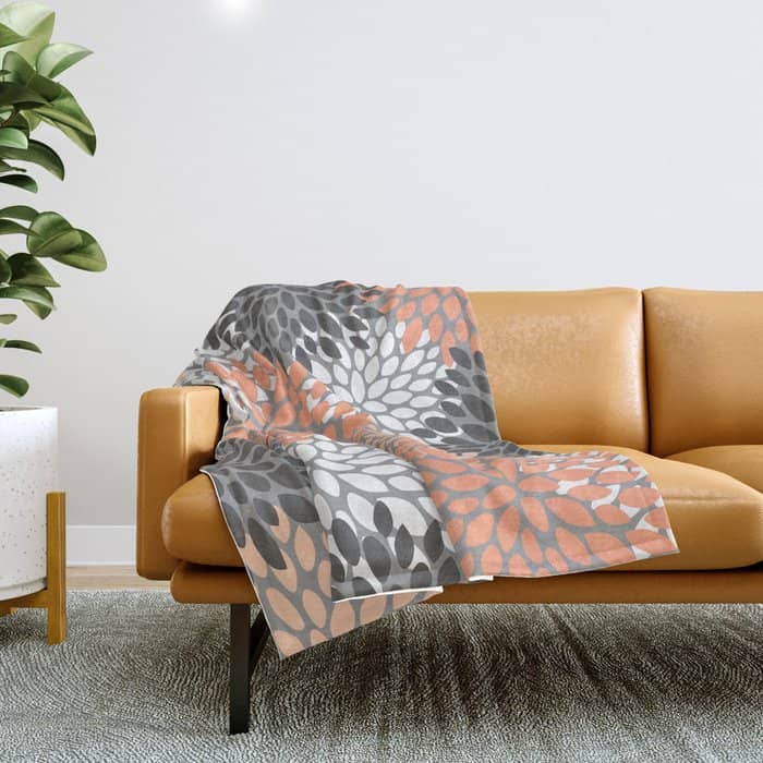 Floral Pattern, Coral, Gray, White Throw Blanket