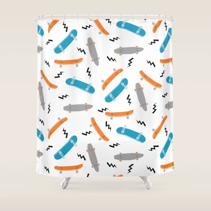 Skateboards Orange And Blue Pattern Great Decor For Nursery Kids Rooms Boys And Girls Shower Curtain