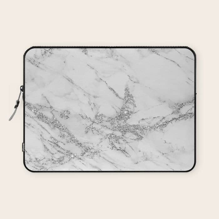 Elegant Chic White Gray Silver Glitter Marble Laptop Sleeve