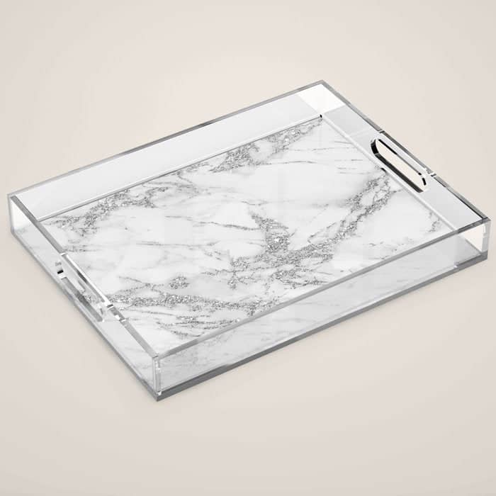 Elegant Chic White Gray Silver Glitter Marble Acrylic Tray