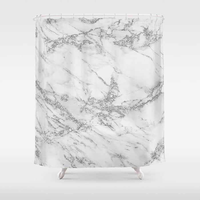 Elegant Chic White Gray Silver Glitter Marble Shower Curtain