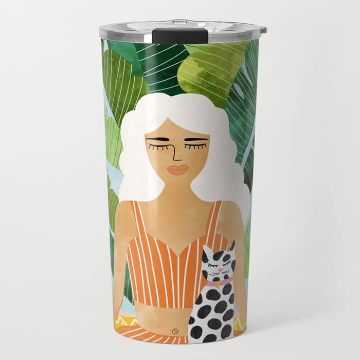 Meditation With Thy Cat Poster | Blonde Woman Of Color | Tropical Banana Leaves Quirky Pet Workout  Travel Mug