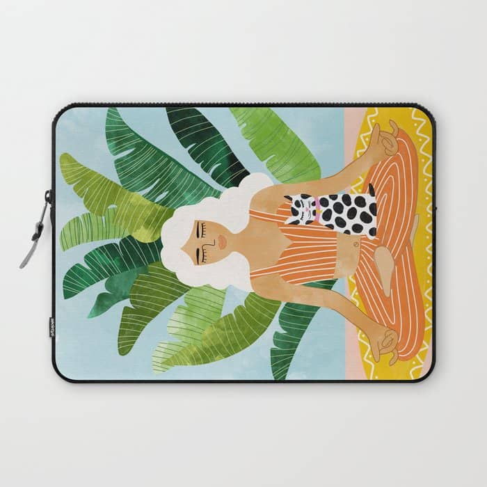 Meditation With Thy Cat Poster | Blonde Woman Of Color | Tropical Banana Leaves Quirky Pet Workout  Laptop Sleeve