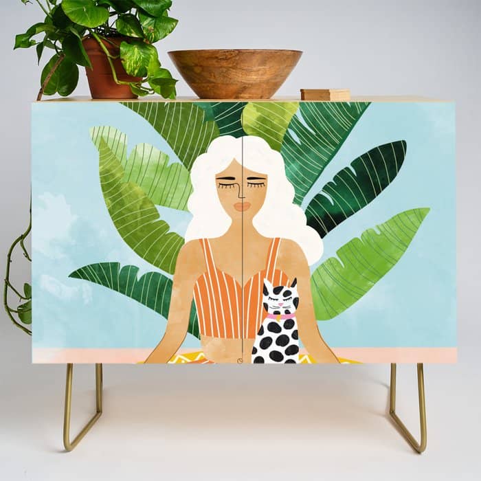 Meditation With Thy Cat Poster | Blonde Woman Of Color | Tropical Banana Leaves Quirky Pet Workout  Credenza