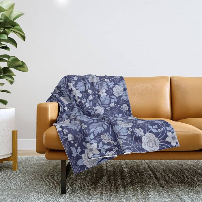 Light Blue, Cobalt Blue, & White Floral Pattern Throw Blanket