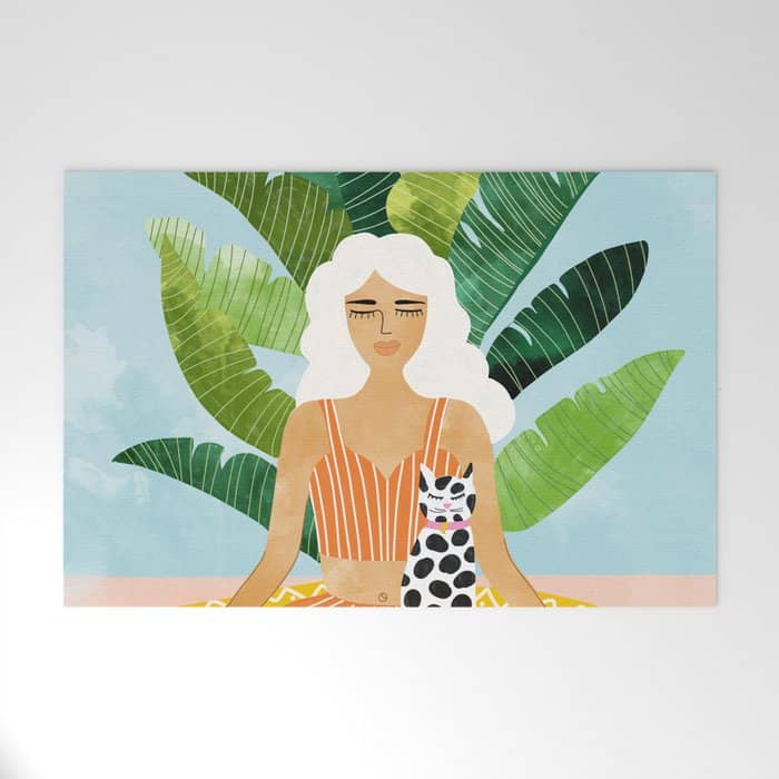 Meditation With Thy Cat Poster | Blonde Woman Of Color | Tropical Banana Leaves Quirky Pet Workout  Welcome Mat