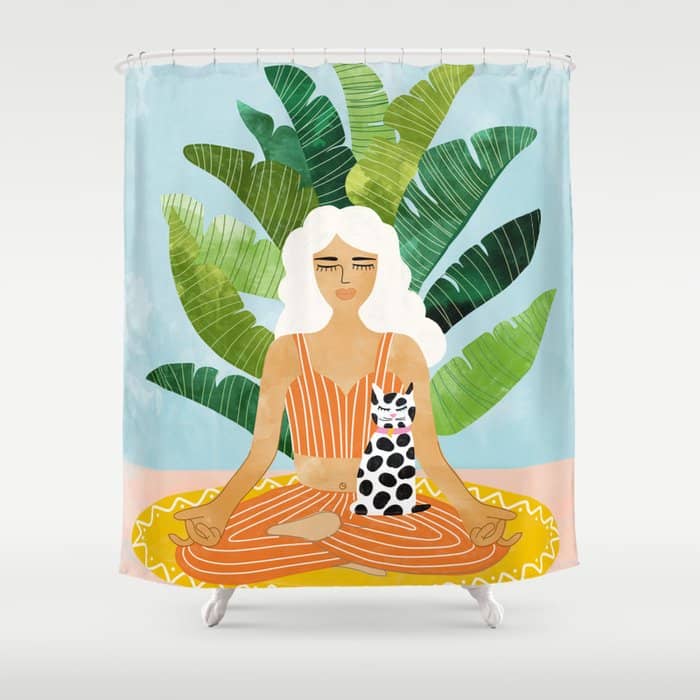 Meditation With Thy Cat Poster | Blonde Woman Of Color | Tropical Banana Leaves Quirky Pet Workout  Shower Curtain