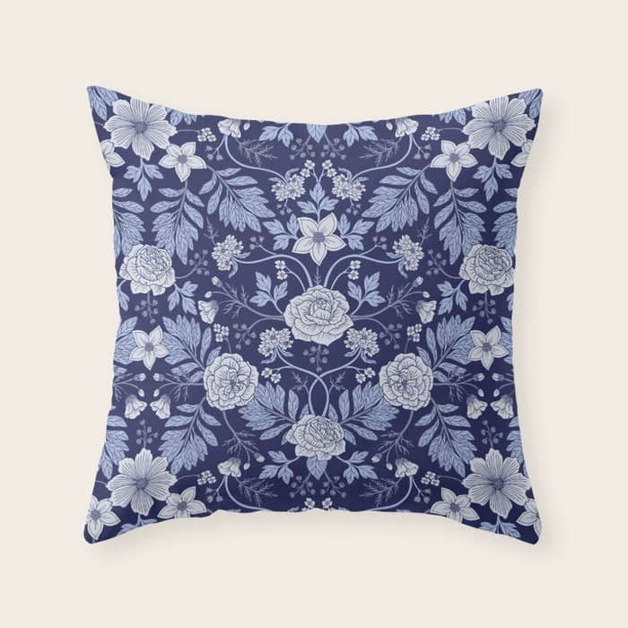 Light Blue, Cobalt Blue, & White Floral Pattern Throw Pillow