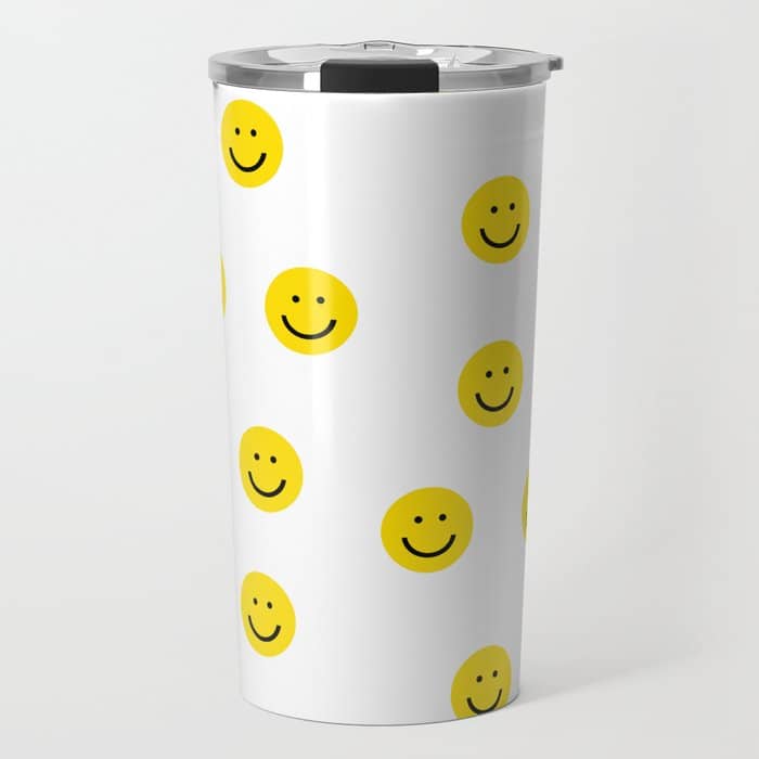 Smiley Faces White Yellow Happy Simple Smiley Pattern Smile Face Kids Nursery Boys Girls Decor Travel Mug